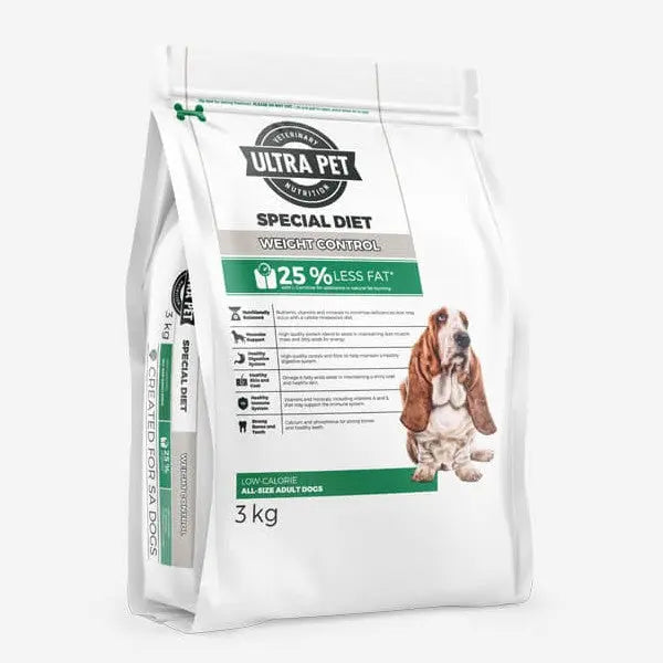 Ultra Pet Special Diet weight control dog food bag, 3 kg, with 25% less fat and nutritional information.