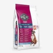 Ultra Pet Super Large Adult Dog Food bag with chicken and rice, 20kg, featuring nutritional information.