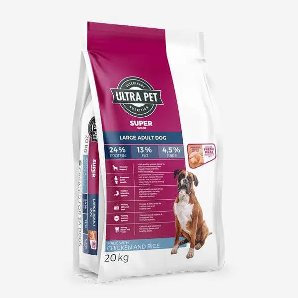 Ultra Pet Super Large Adult Dog Food bag with chicken and rice, 20kg, featuring nutritional information.