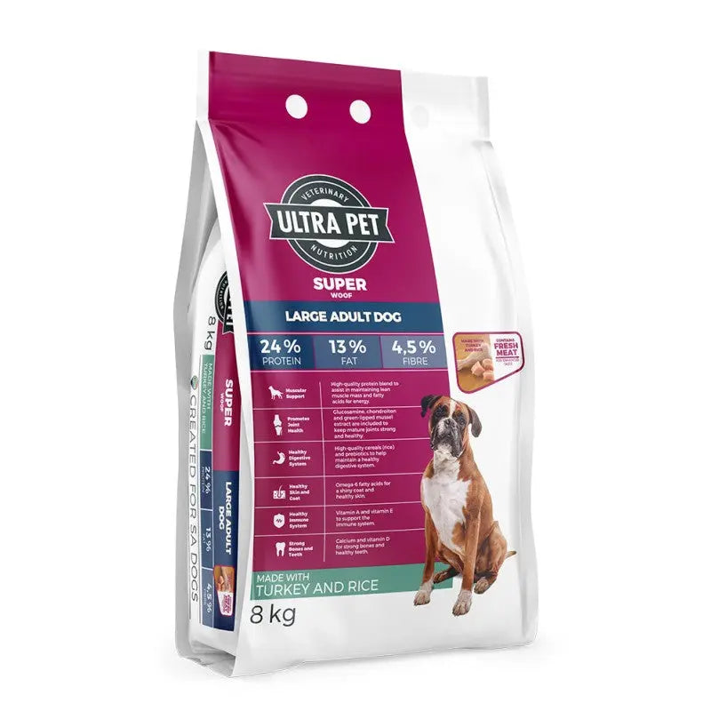Ultra Pet large adult dog food bag with turkey and rice, featuring nutritional information and feeding guide.