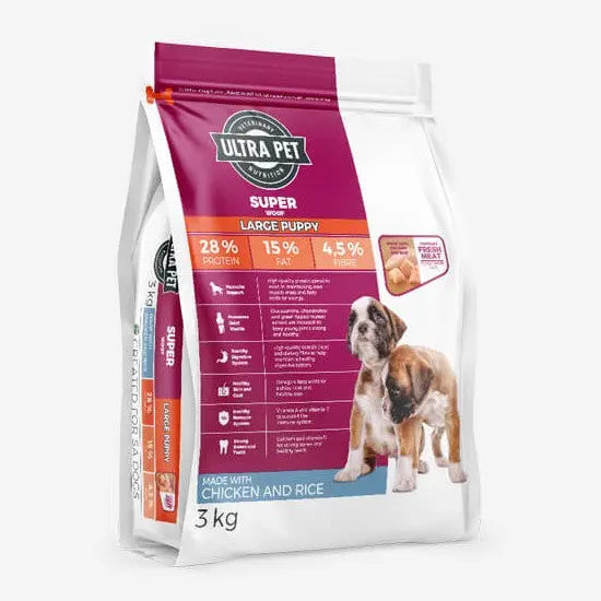 Ultra Pet Super Large Puppy food bag, featuring chicken and rice, with protein and fat content details.