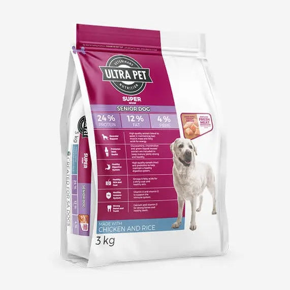 Ultra Pet Super Senior Dog food bag, 3 kg, made with chicken and rice, featuring nutritional information.