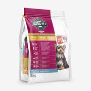 Ultra Pet dog food bag featuring chicken and rice for small to medium adult dogs, 3 kg packaging.
