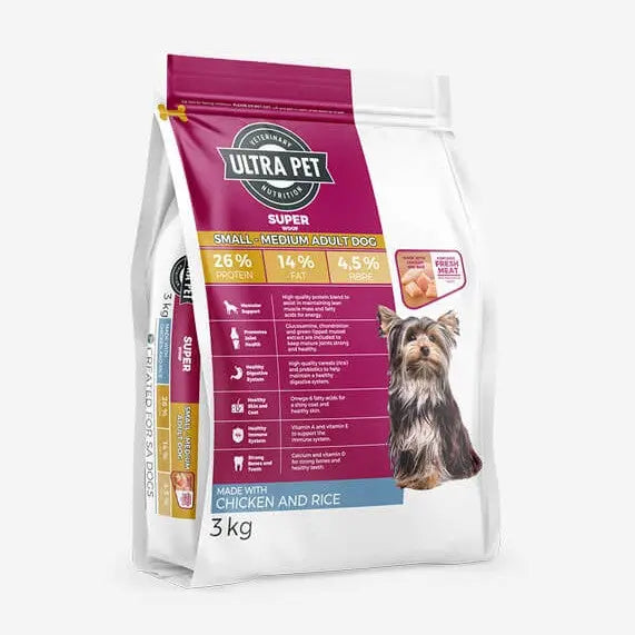 Ultra Pet dog food bag featuring chicken and rice for small to medium adult dogs, 3 kg packaging.