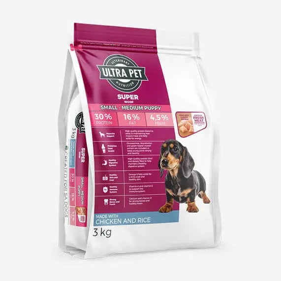 Ultra Pet Super Small Medium Puppy food bag with chicken and rice, featuring nutritional information and a dog image.