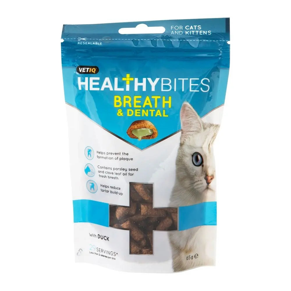 Healthy Bites cat treats with duck for fresh breath and dental care, ideal for cats and kittens.