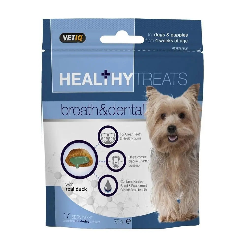 Healthy dog treats for breath and dental care, featuring real duck and parsley for freshening.