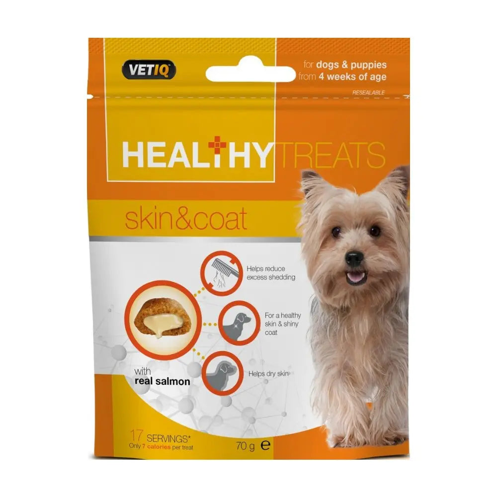 Healthy dog treats for skin and coat with real salmon, designed for dogs and puppies from 4 weeks old.