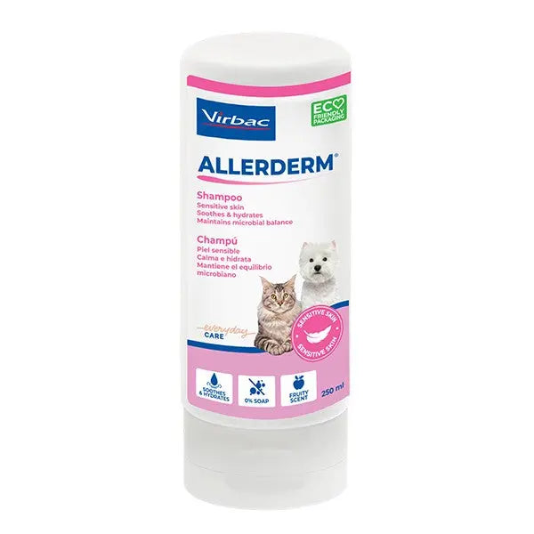 Virbac Allerderm shampoo for sensitive skin in cats and dogs, 250 ml, eco-friendly and moisturizing formula.