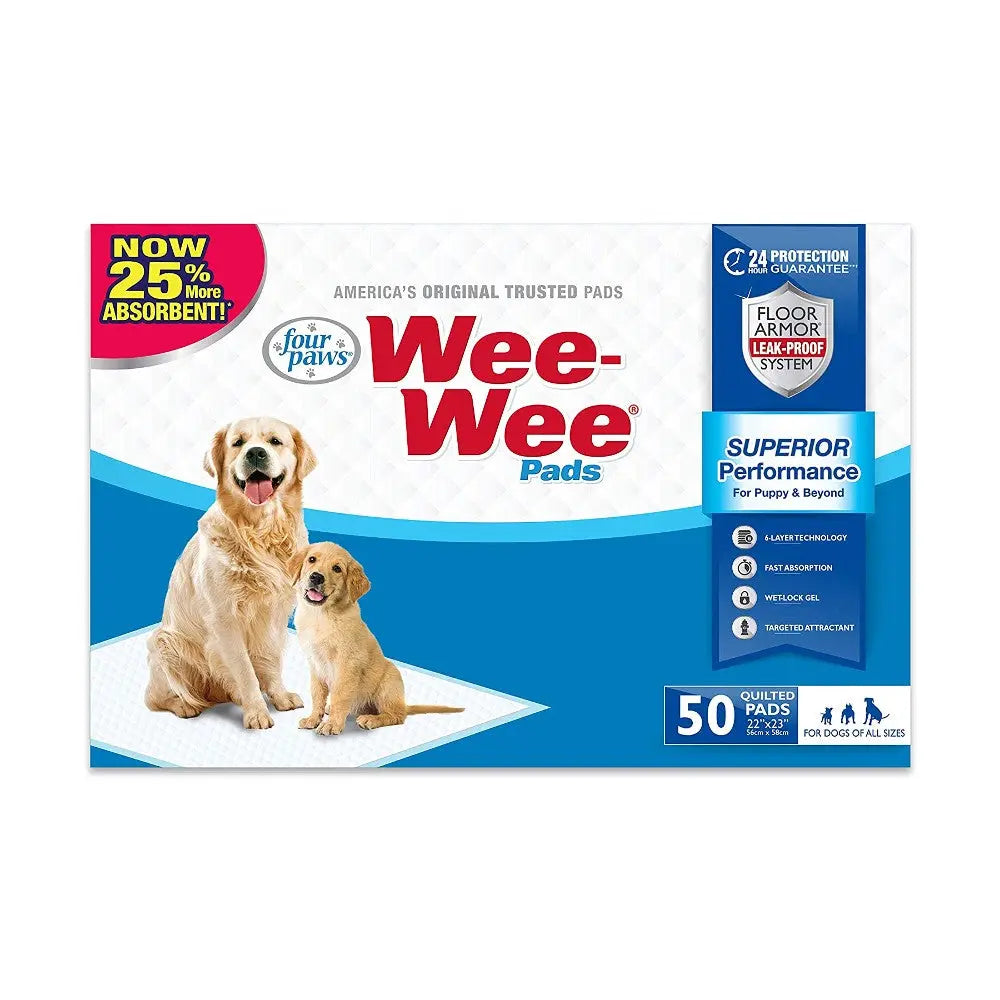 Wee-Wee Pads packaging featuring a dog and puppy, designed for superior absorbency and pet training.