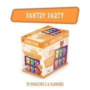 Variety pack of 12 cat food pouches featuring 6 delicious flavors for a pantry party.
