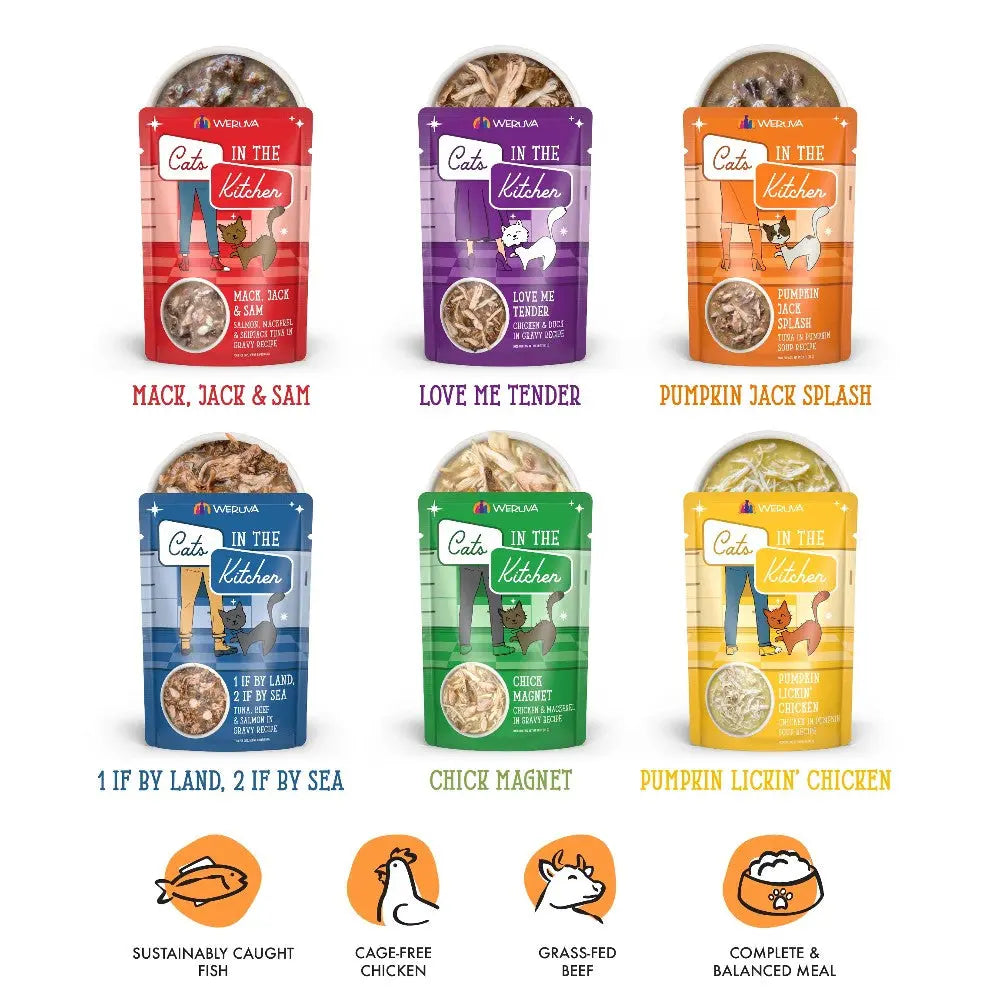 Variety of cat food pouches featuring flavors like chicken, beef, and fish for balanced nutrition.