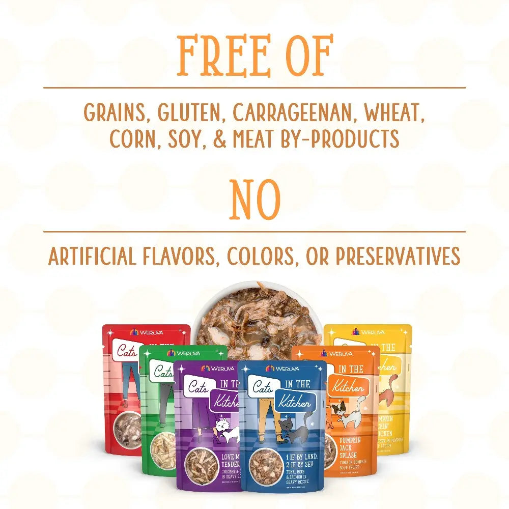 Cat food packaging highlighting grain-free, gluten-free, and preservative-free ingredients for healthy feeding.