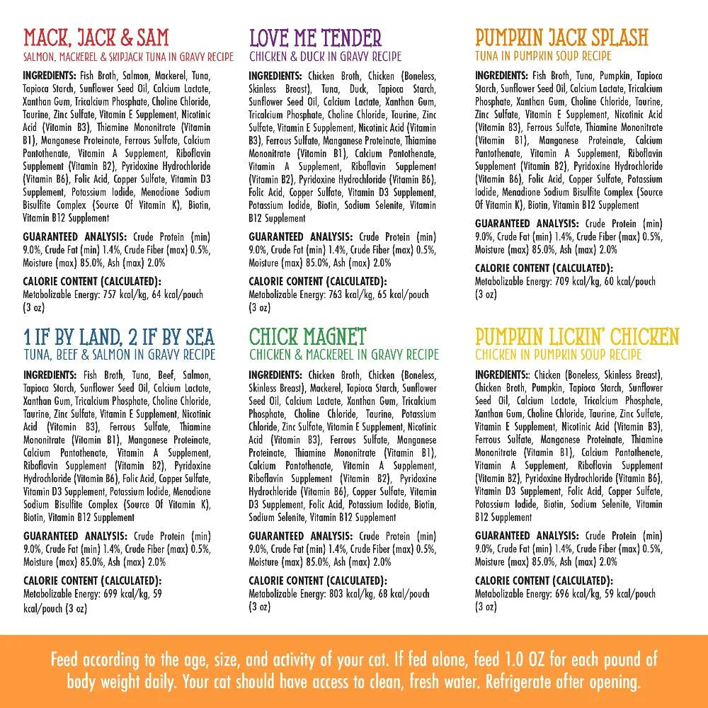 Mack, Jack & Sam cat food packaging featuring salmon, tuna, and nutritious ingredients for a healthy diet.
