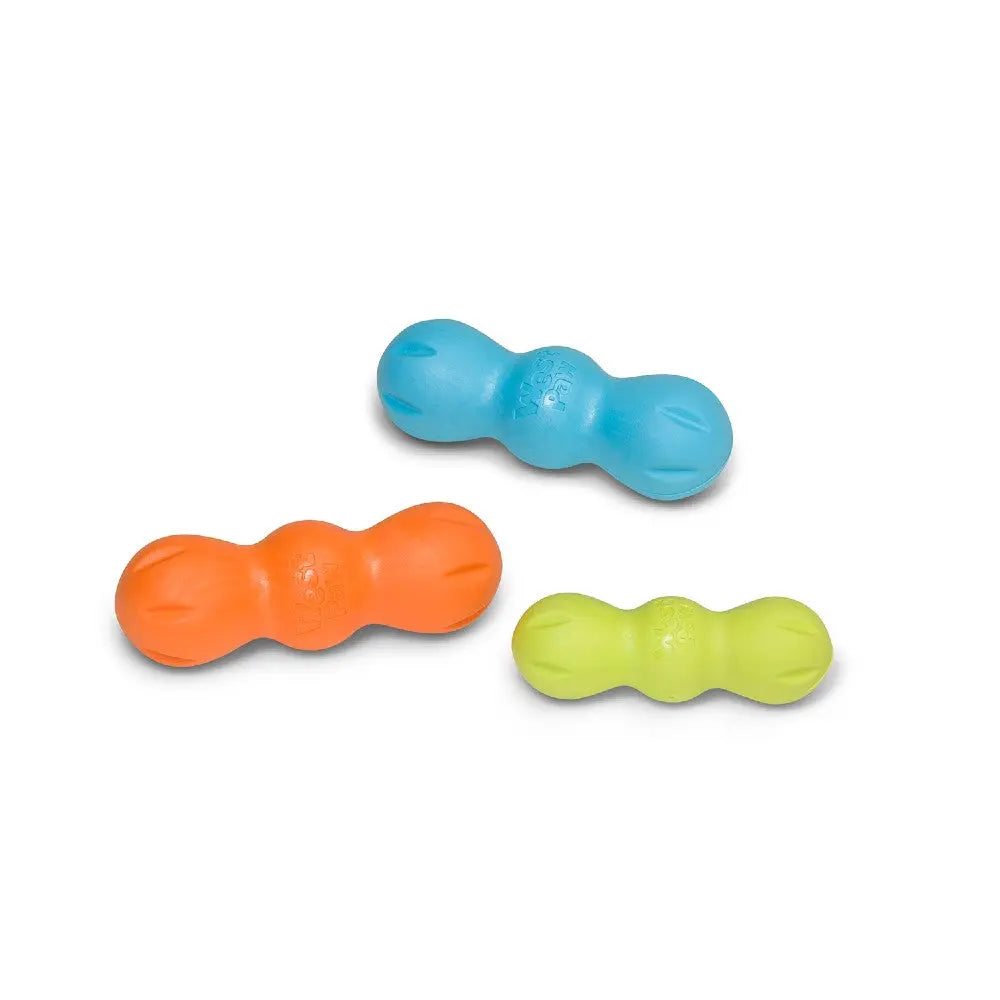 Colorful dog chew toys in blue, orange, and green for interactive play and dental health.
