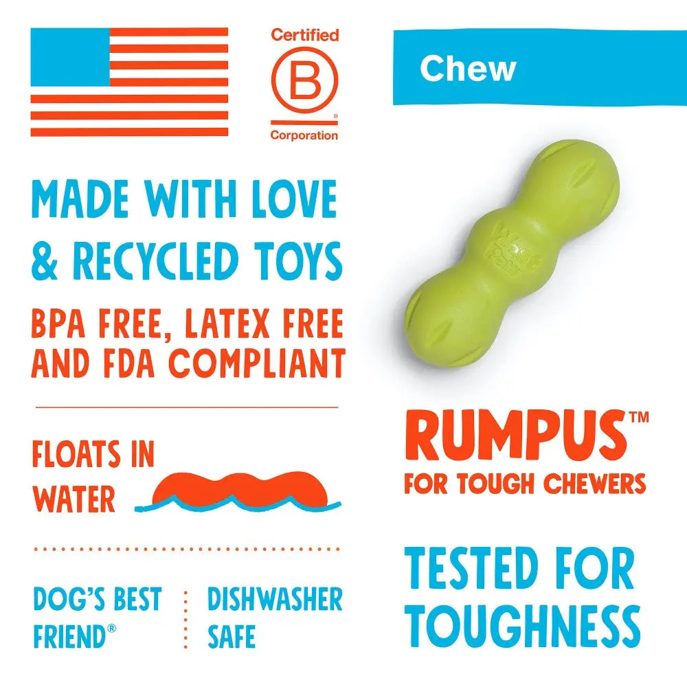 Dog toy for tough chewers, made from recycled materials, BPA-free, and dishwasher safe.