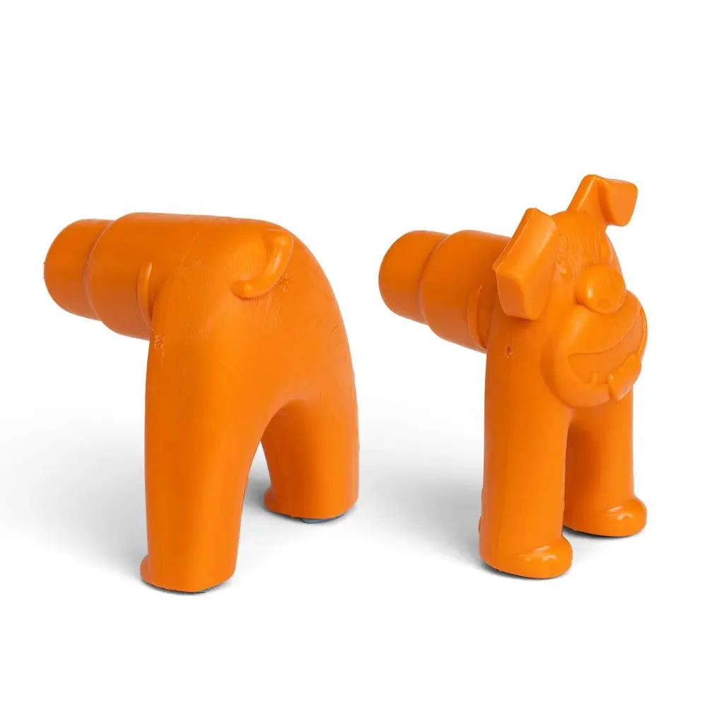 Orange dog-shaped toy for pets, designed for chewing and playtime fun.