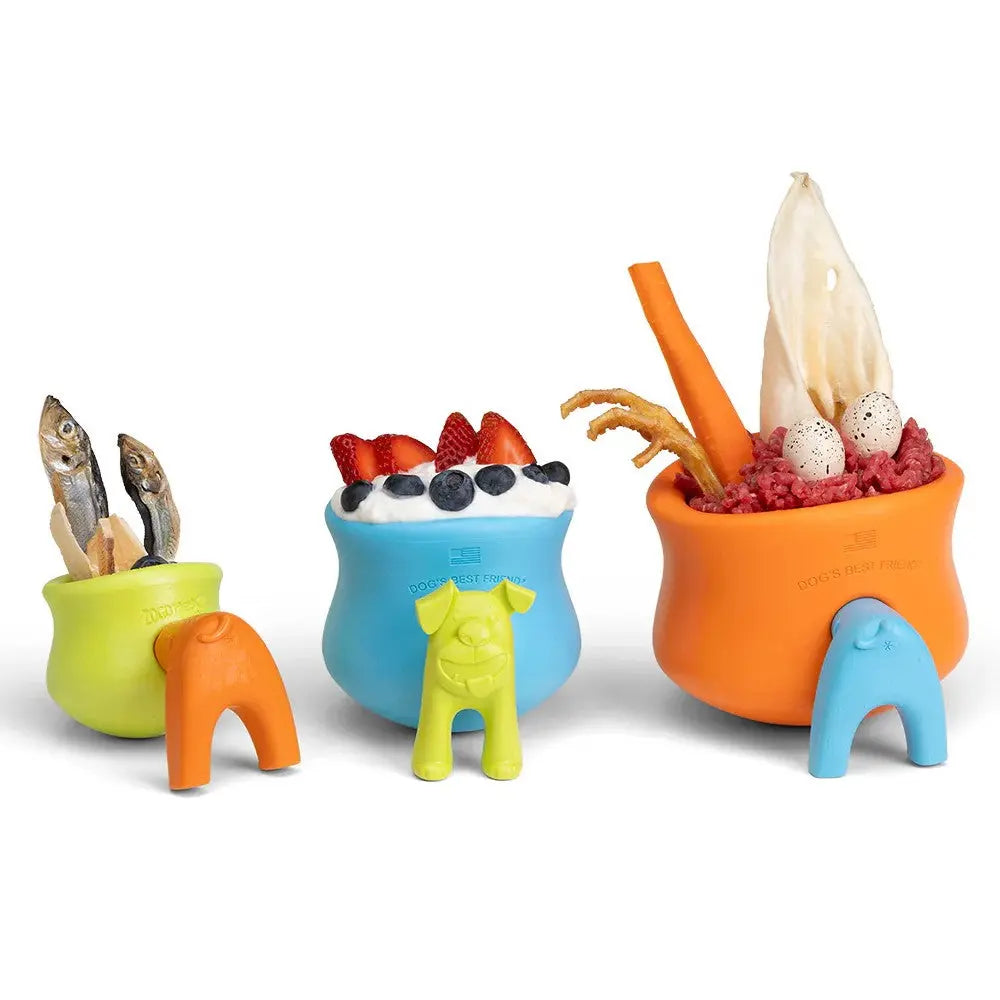 Colorful pet food bowls with playful animal designs, filled with fish and fruit treats.