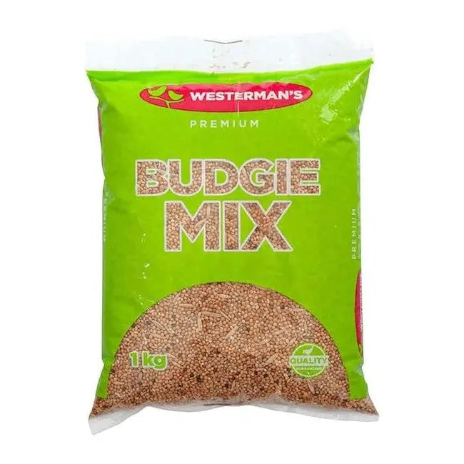 Premium budgie mix in a 1kg bag, ideal for a healthy diet for pet birds.