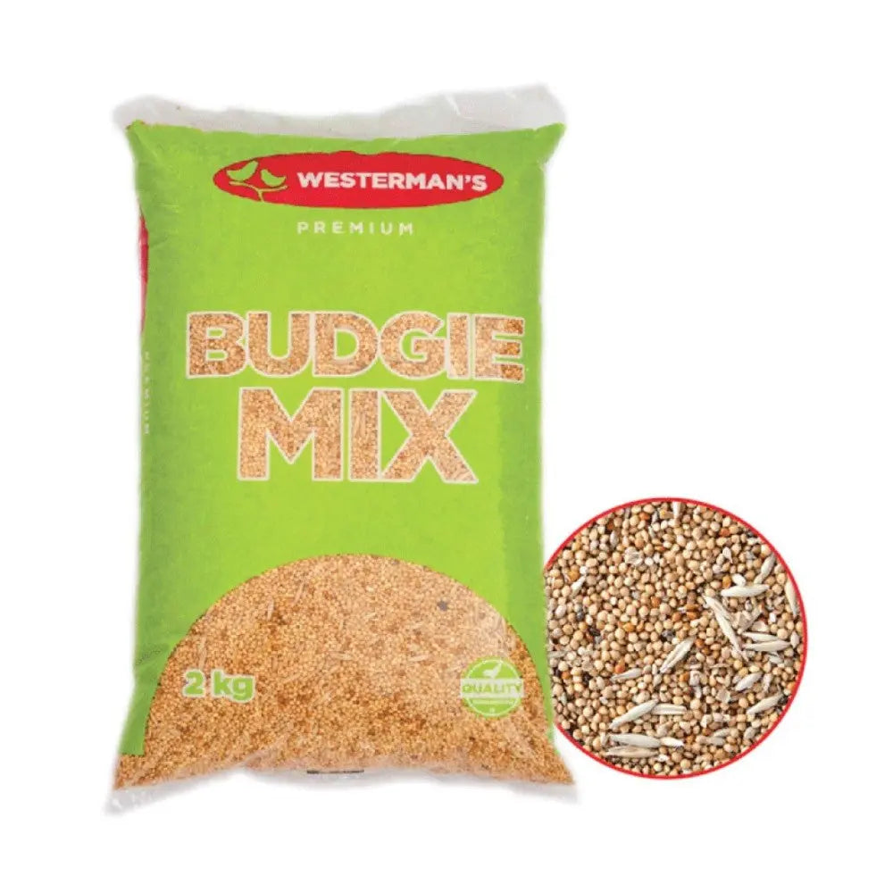 Premium Budgie Mix in a 2 kg bag, featuring quality ingredients for healthy pet birds.