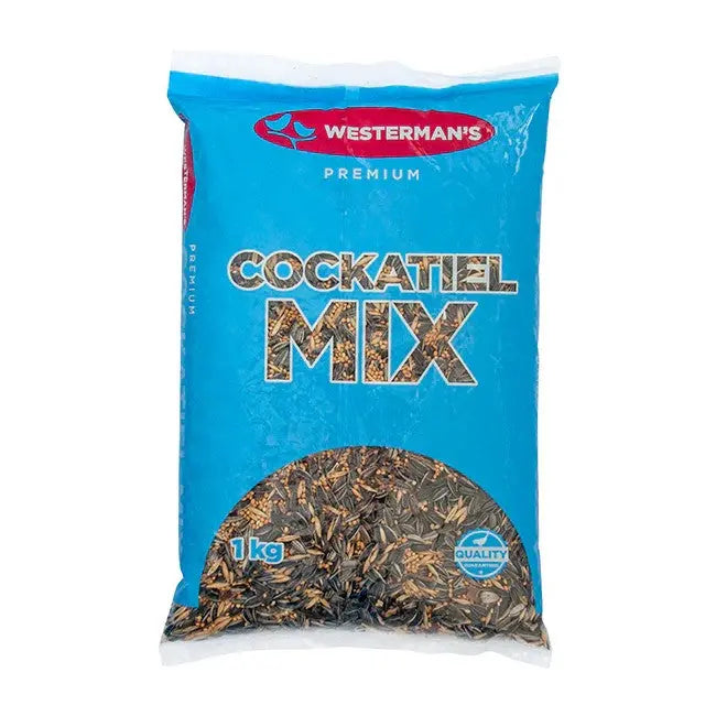 Premium cockatiel mix in a 1 kg bag, featuring high-quality seeds for healthy birds.