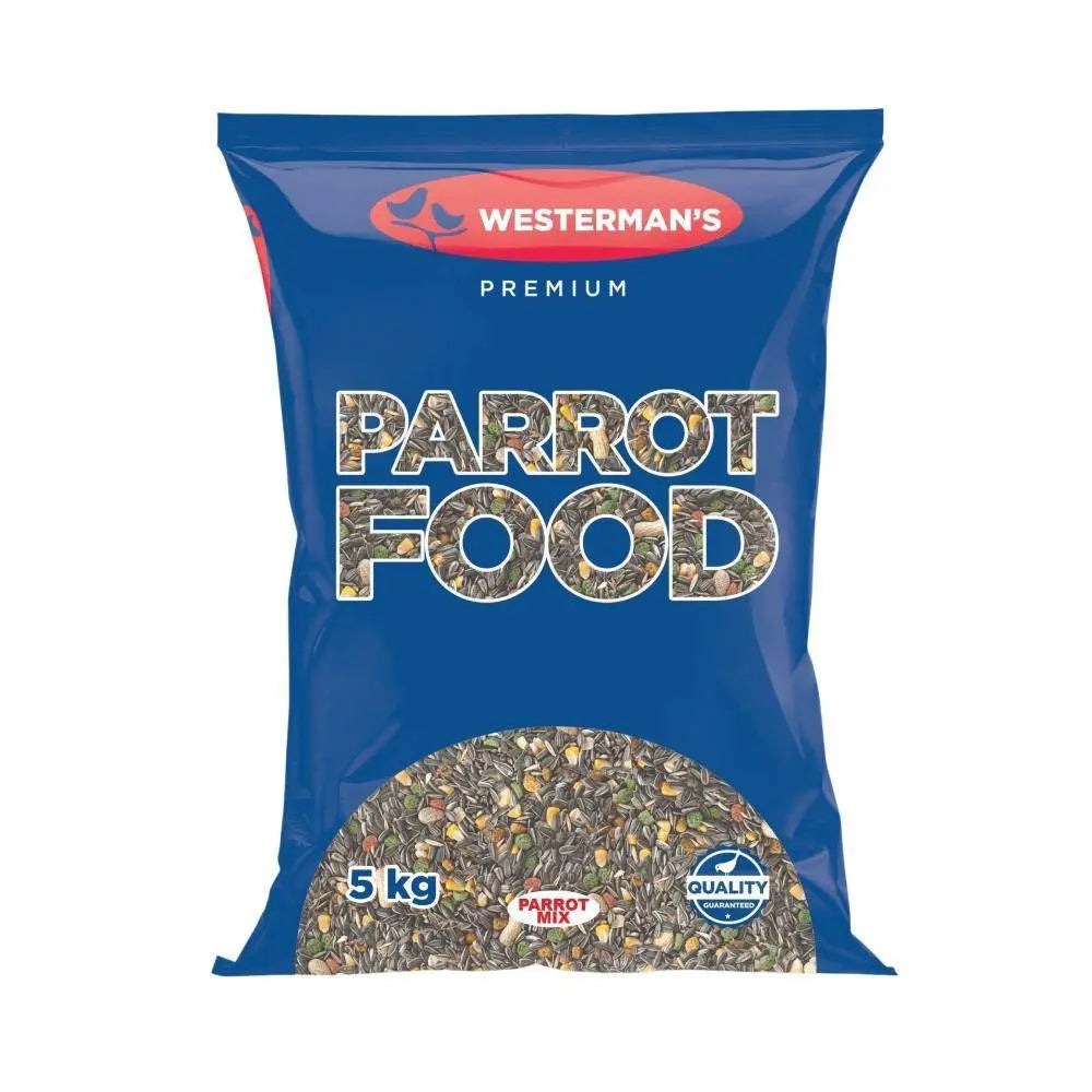 Premium parrot food bag, 5 kg, featuring a blend of nutritious seeds and ingredients for healthy birds.