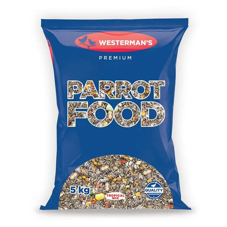 Premium parrot food bag, 5 kg, featuring a colorful blend of seeds and ingredients for tropical birds.