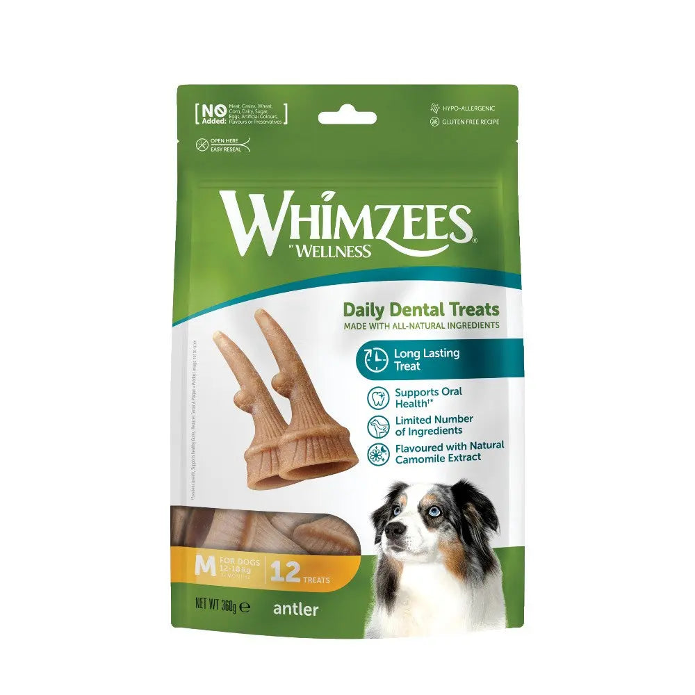 Whimzees antler-shaped dental treats for dogs, promoting oral health with natural ingredients.