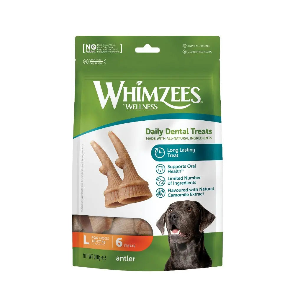 Whimzees antler-shaped dental treats for dogs, promoting oral health with natural ingredients.