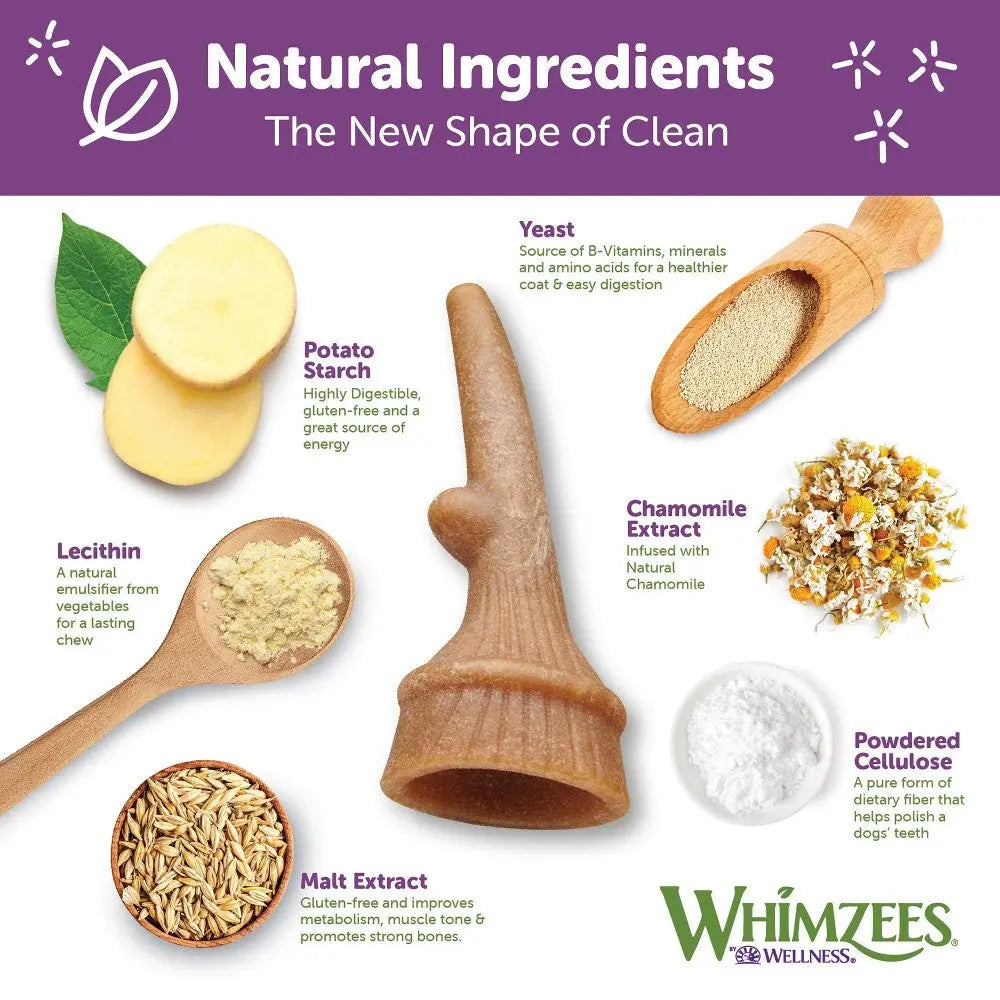 Natural ingredients for pet care, featuring potato starch, yeast, chamomile, and more in an informative layout.