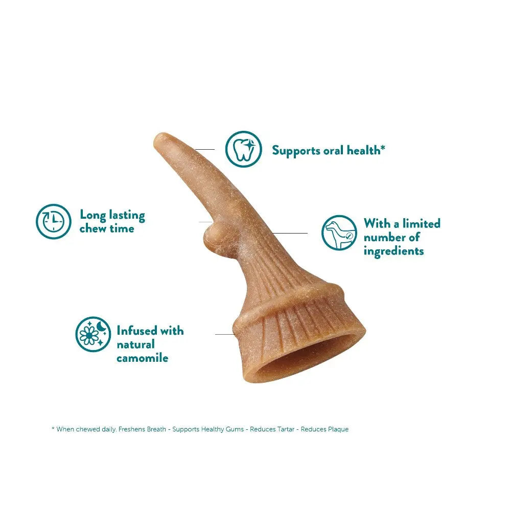 Natural chew for dogs, supports oral health, infused with chamomile, and made with limited ingredients.