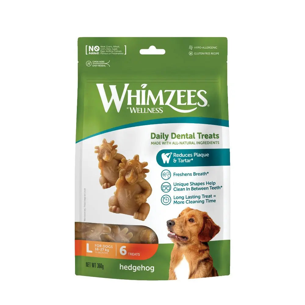 Whimzees hedgehog dental treats for dogs, promoting fresh breath and plaque reduction.