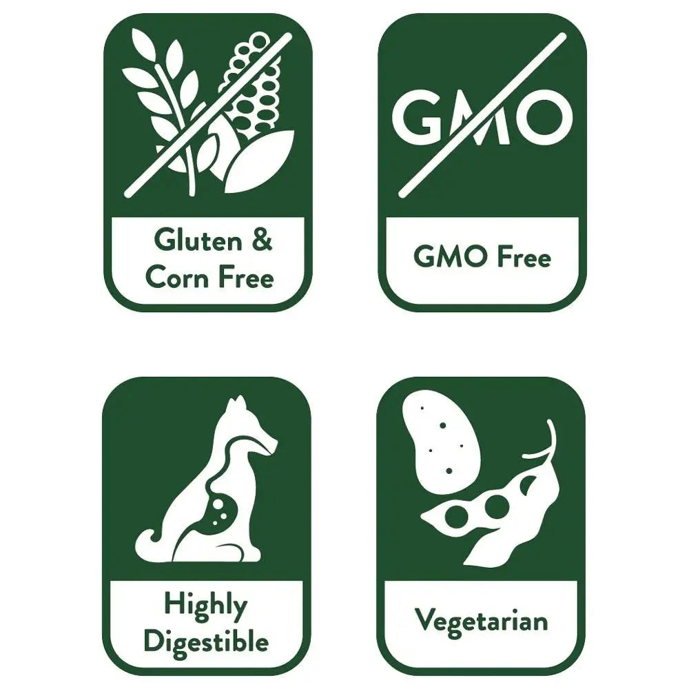 Gluten and corn free, GMO free, highly digestible, and vegetarian pet food labels.