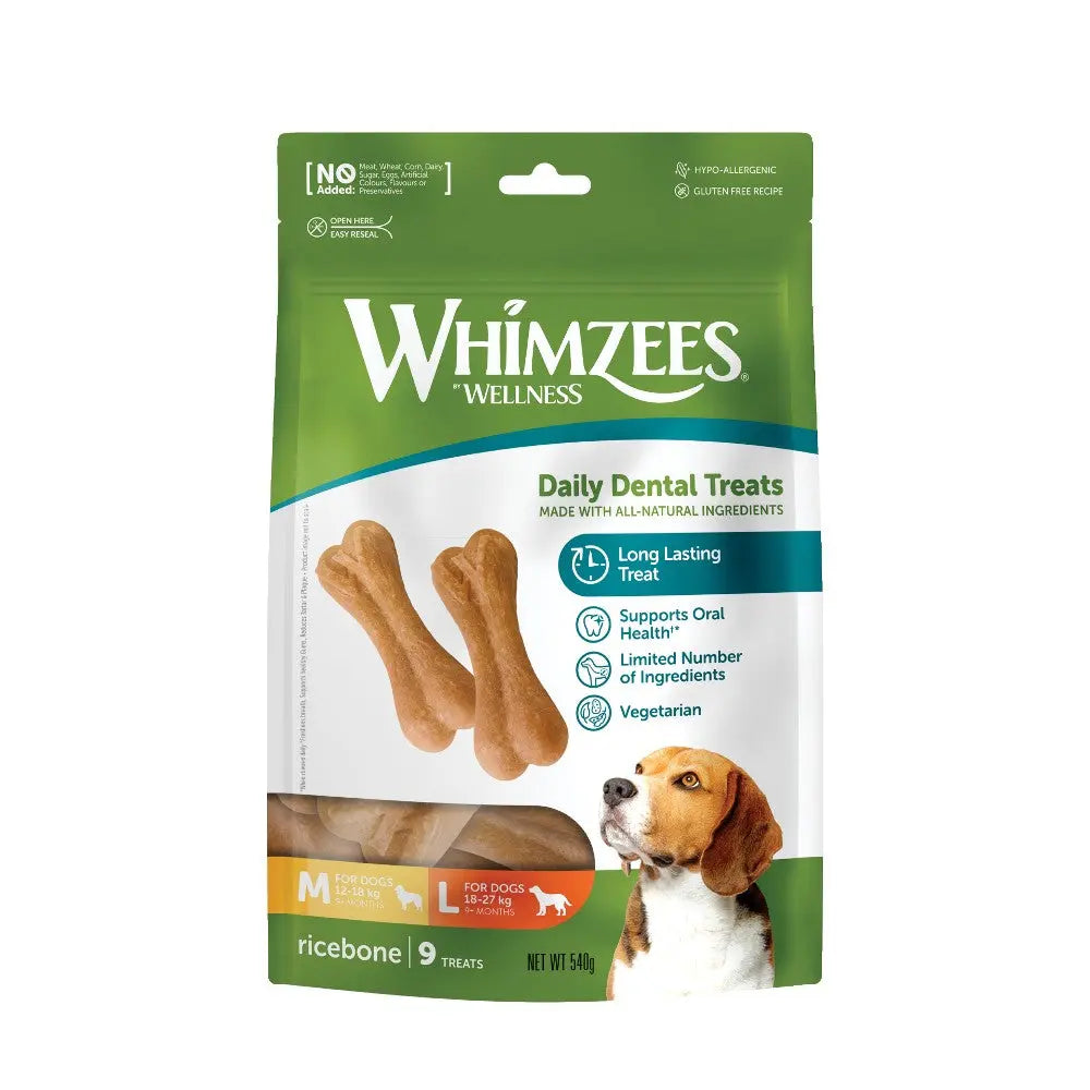 Whimzees Daily Dental Treats for dogs, made with natural ingredients for oral health support.