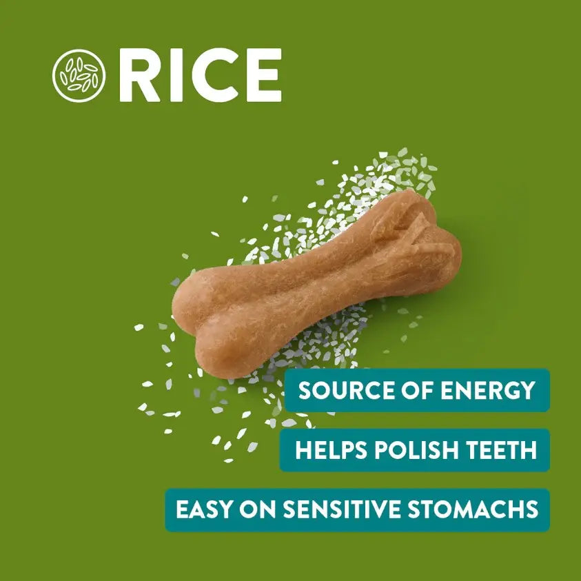 Rice dog treat, energy source, promotes dental health, gentle on sensitive stomachs.