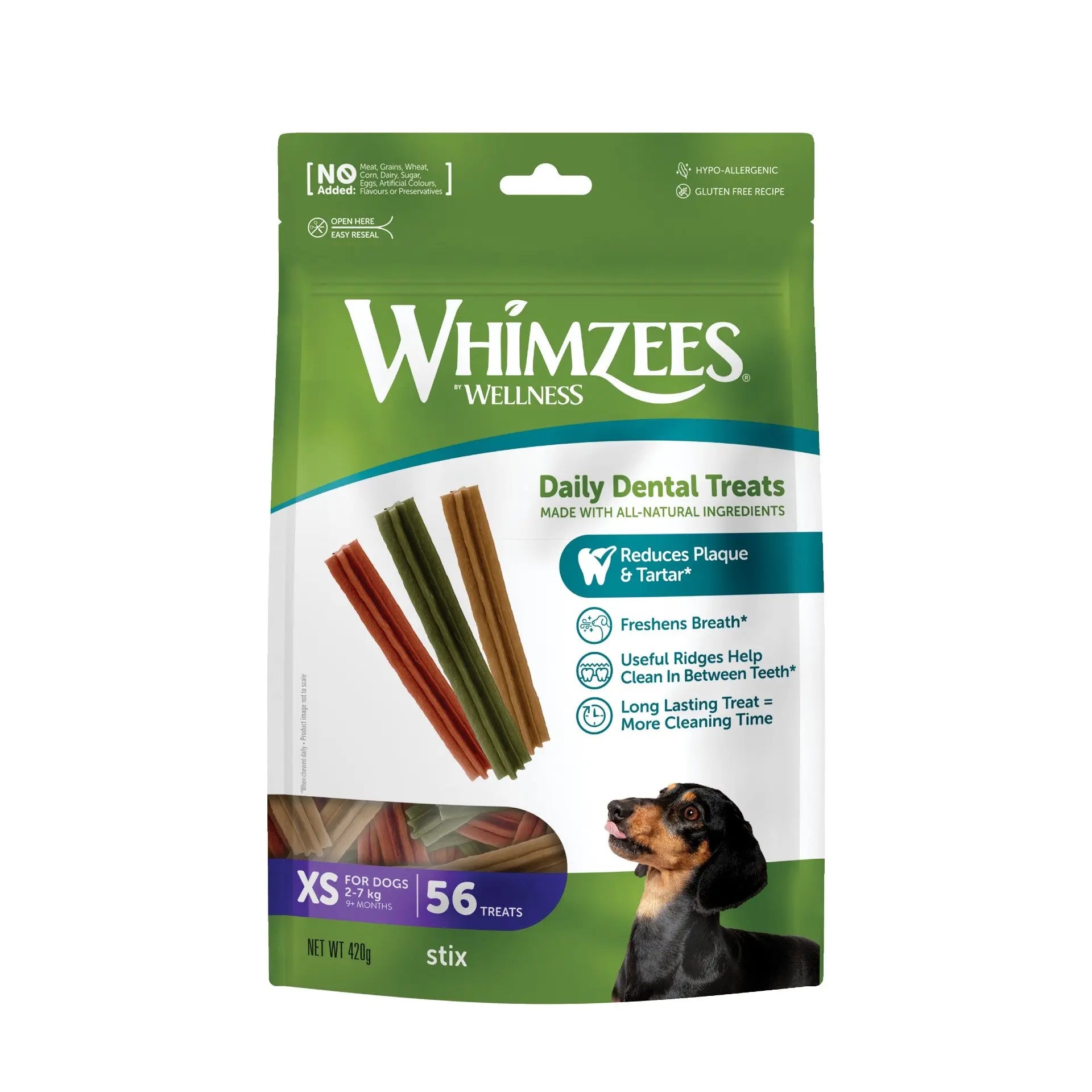 Whimzees Daily Dental Treats for dogs, all-natural ingredients, freshens breath, reduces plaque and tartar.