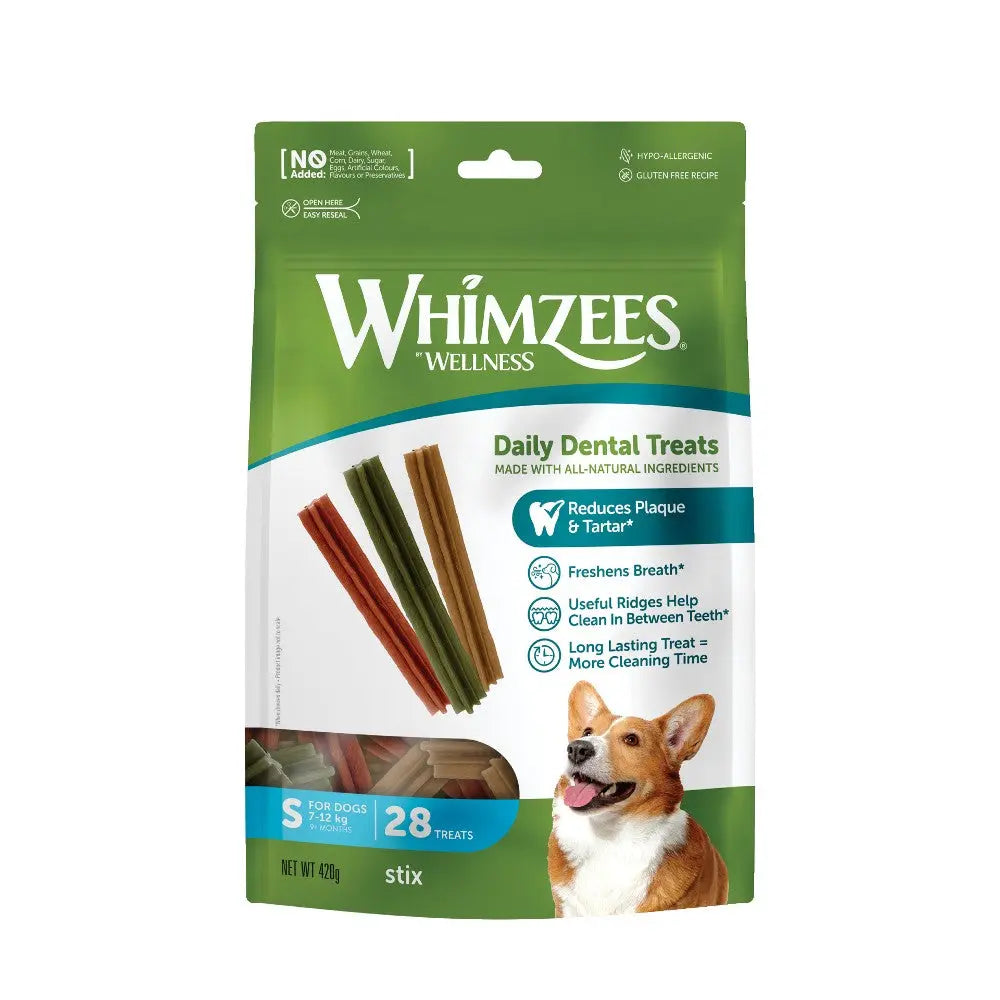 Whimzees Daily Dental Treats for dogs, all-natural ingredients, reduces plaque and tartar, 28 stix in a bag.