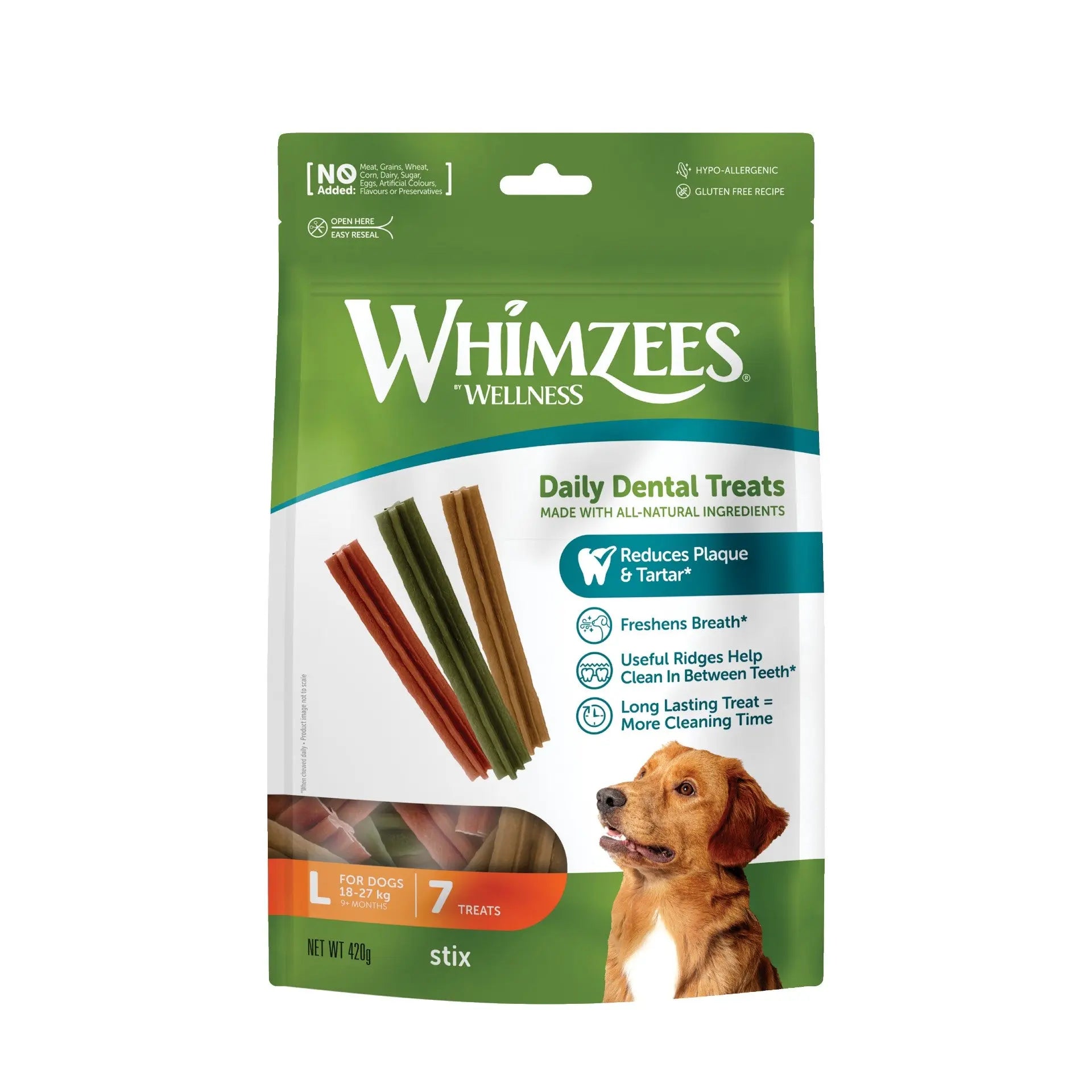 Whimzees dental treats for dogs, all-natural ingredients, freshens breath, and reduces plaque and tartar.