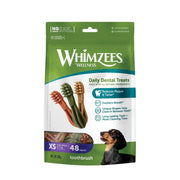 Whimzees Daily Dental Treats for dogs, promoting fresh breath and plaque reduction in a convenient bag.