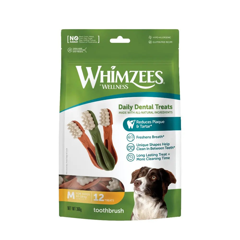 Whimzees Daily Dental Treats for dogs, designed to reduce plaque and tartar with unique shapes.