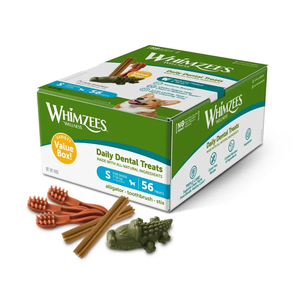 Whimzees Daily Dental Treats box with all-natural ingredients and assorted shapes for dogs.