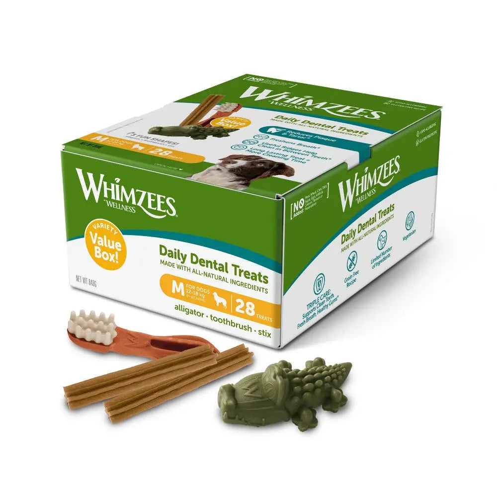 Whimzees Daily Dental Treats box with all-natural ingredients and assorted shapes for pet dental care.