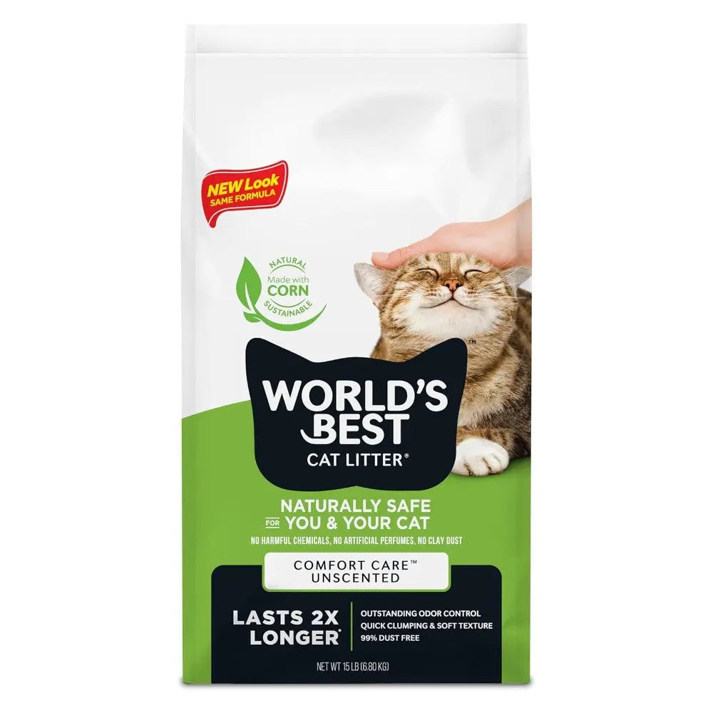 World's Best Cat Litter bag featuring natural corn formula, unscented, and designed for superior odor control.