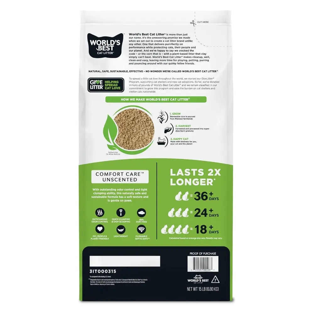World's Best Cat Litter bag, unscented, lasts twice as long, eco-friendly, and effective for odor control.