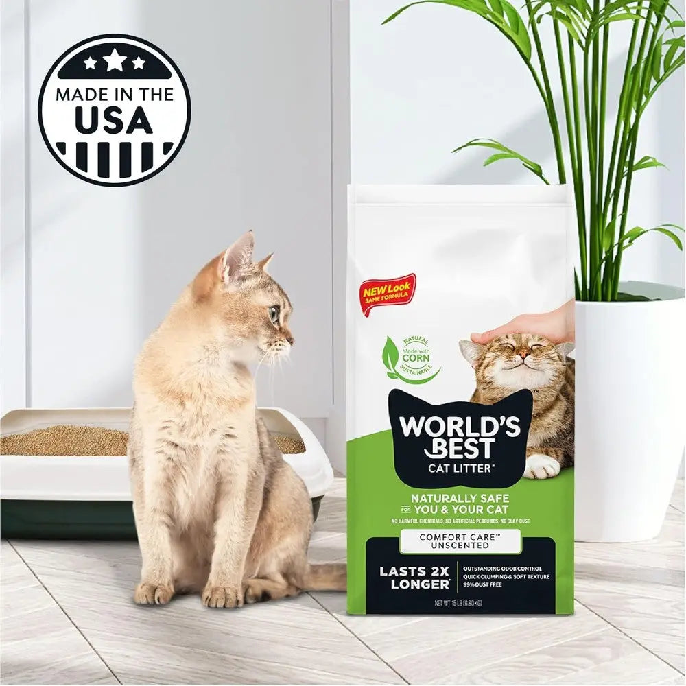 Cat sitting beside World's Best Cat Litter bag, featuring natural ingredients and odor control benefits.