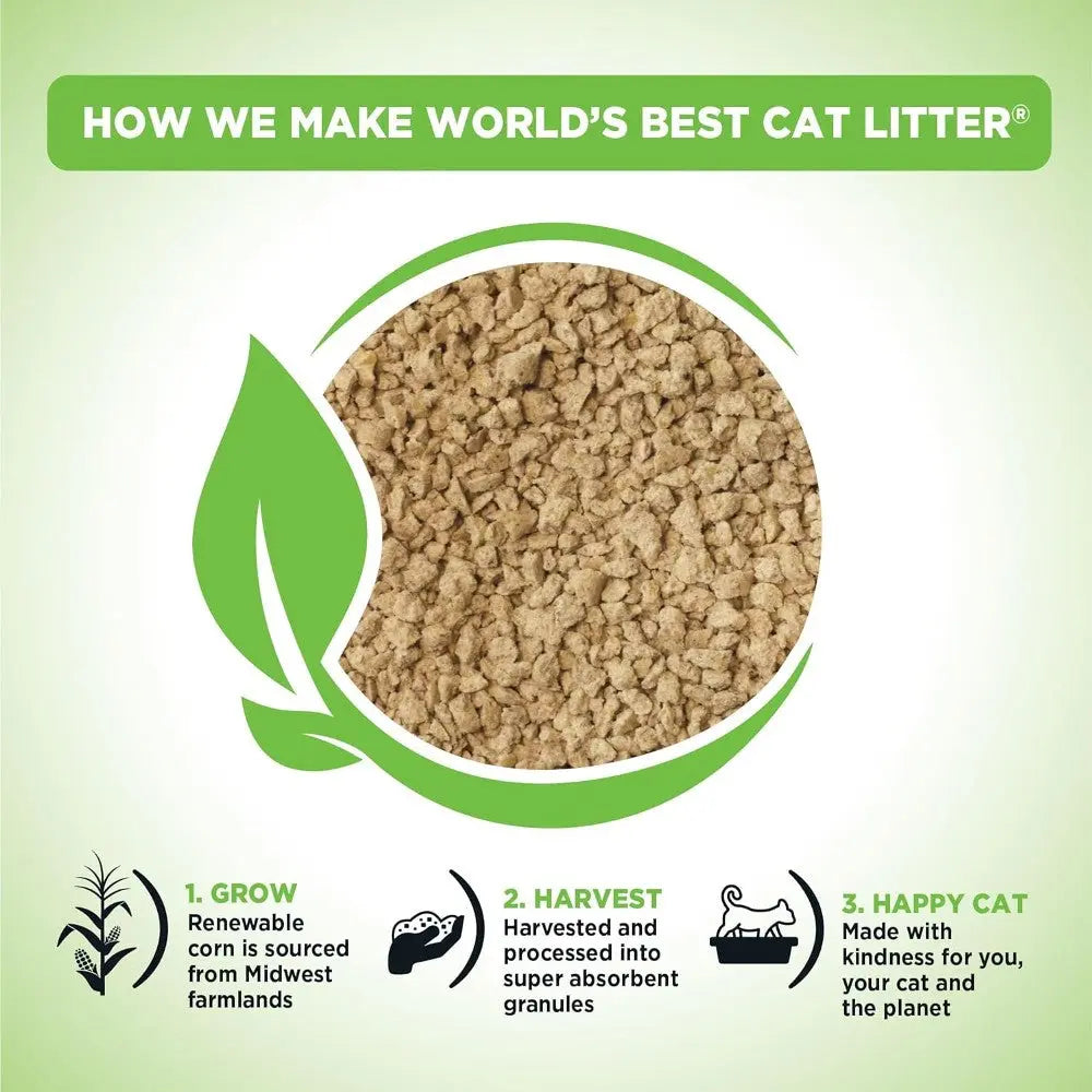 Infographic illustrating the sustainable process of making World's Best Cat Litter from renewable corn.