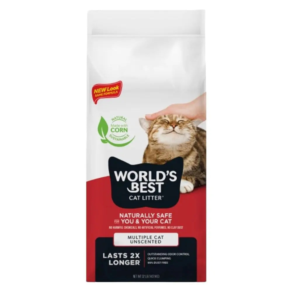 World's Best Cat Litter bag, made from natural corn, offers outstanding odor control and is unscented.