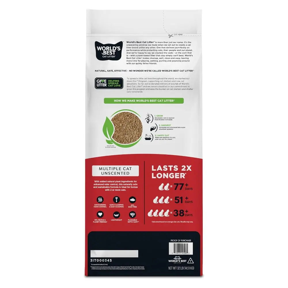 World's Best Cat Litter bag showcasing unscented formula and longevity for multiple cats.