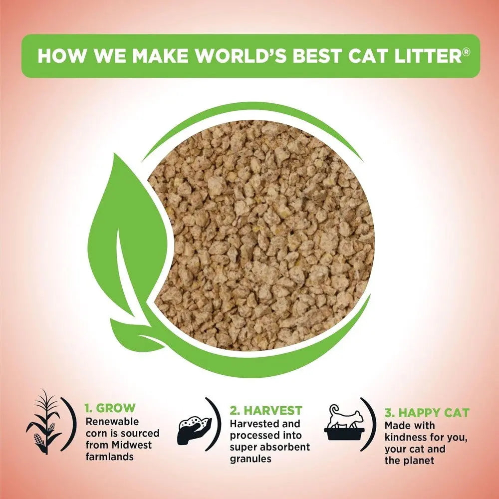 Infographic explaining the sustainable process of making World's Best Cat Litter from renewable corn.