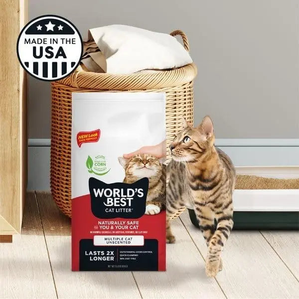 World's Best Cat Litter bag with a cat, showcasing natural ingredients and made in the USA.